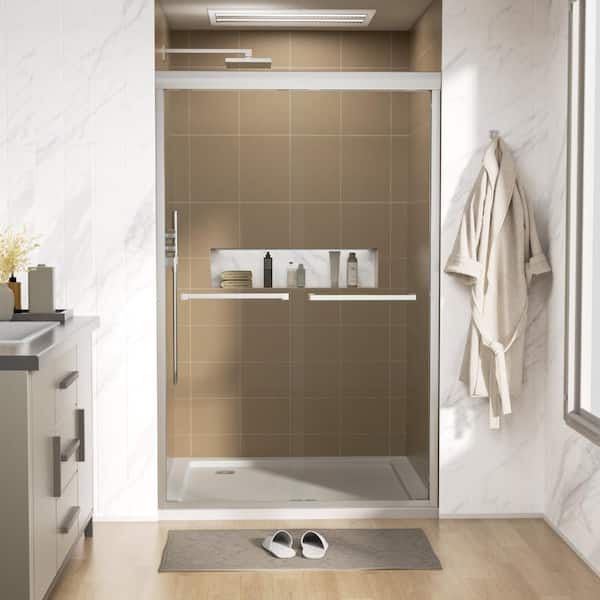 48 in. W x 76 in. H Bypass Sliding Semi Frameless Shower Door/Enclosure in Brushed Nickel with Tempered Glass