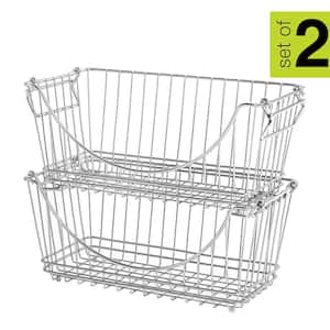 Stacking Baskets with Handles - Set of 2 Medium 12.5 x 5.5 Inch - Chrome