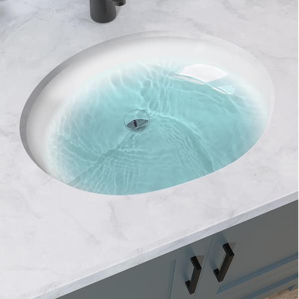 19 in. Undermount Bathroom Sink in White Oval U Shape Ceramic Vessel Sink with Overflow Undercounter Single Basin