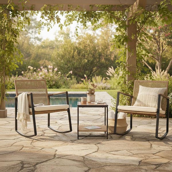 Vianna Light Brown 3-Piece Wood Wicker Rocking Patio Conversation Set with Cream White Cushions