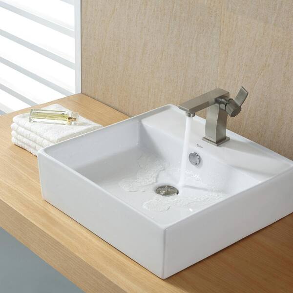 KRAUS Square Ceramic Vessel Bathroom Sink with Overflow in White