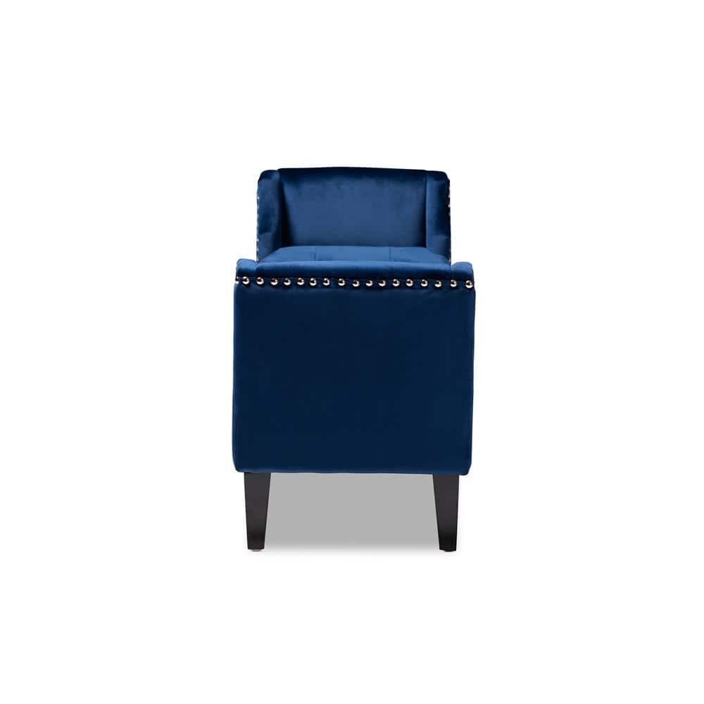 Royal Blue Velvet Upholstered Espresso Wood Bench with Nailhead Trim