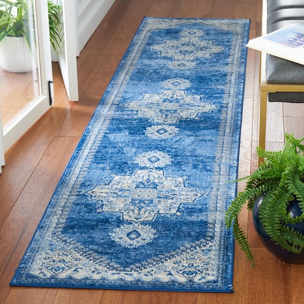 Brentwood 2 ft. x 9 ft. Ivory/Blue Medallion Traditional Runner Rug