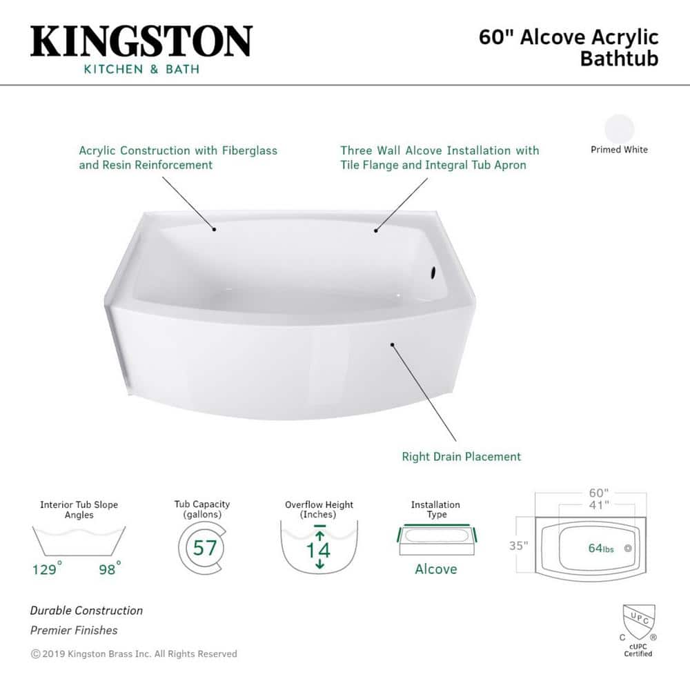 Aqua Eden 60-Inch White Acrylic Alcove Soaking Tub
