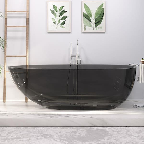 INSTER 71 in. x 33.5 in. Egg Shape Solid Surface Stone Resin Soaking Flatbottom Bathtub in Transparent Black