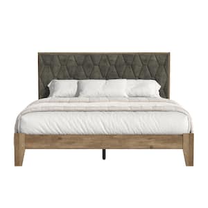 Tancus Knotty Oak Brown with Velvet Brown Wood Frame Upholstered Queen Platform Bed with Headboard