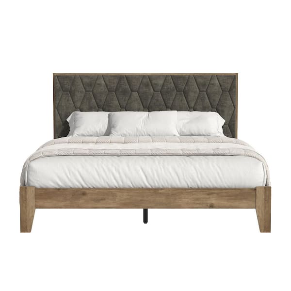 GALANO Tancus Knotty Oak Brown with Velvet Brown Wood Frame Upholstered Queen Platform Bed with Headboard