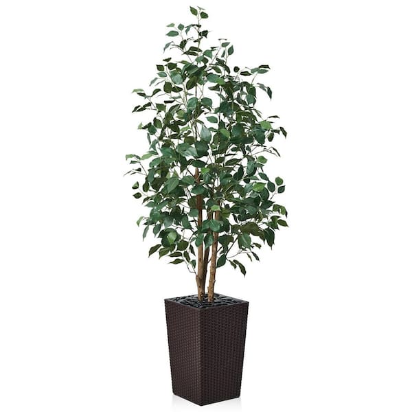 DR.Planzen 5ft. Artificial Ficus Tree Indoor/Outdoor Real Wood Trunk,Fake Plant in Coffee Planter for Home Office Living Room Decor