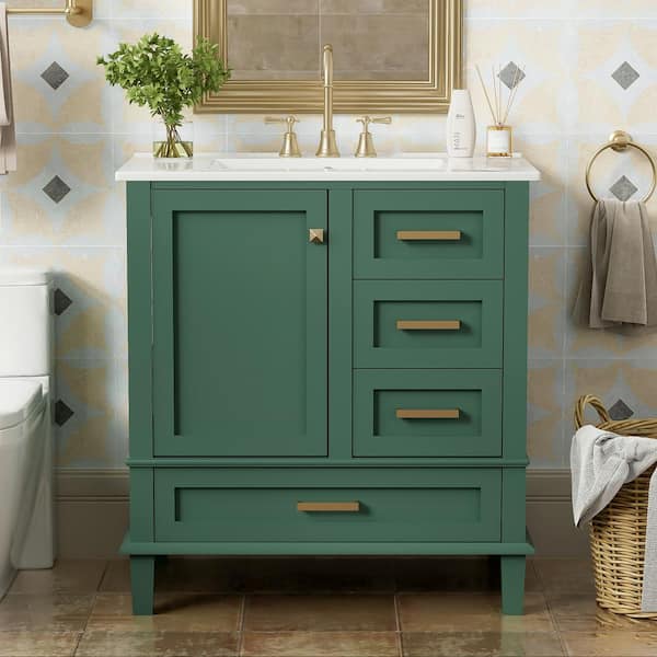 Nyveth 30 in. Modern Green Bath Vanity with White Ceramic Top, 4-Drawers, Shelves, Wood