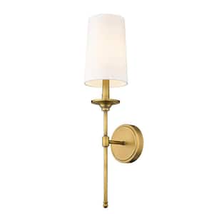 Emily 5.5 in. 1-Light Rubbed Brass Wall Sconce with Off White Cloth Cover Shade