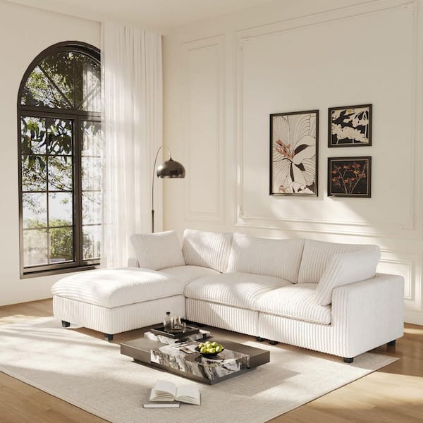 118.11 in. Oversized Square Arm Corduroy 4-piece L Shaped Free Combination Sectional Sofa with Ottoman in Beige