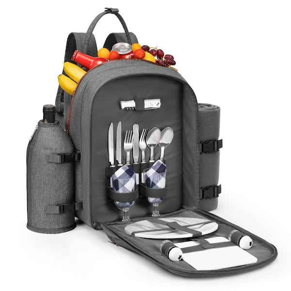 2 Person Picnic Backpack with Detachable Bottle, Wine Holder, Fleece Blanket, Plates and Cutlery Set, Grey