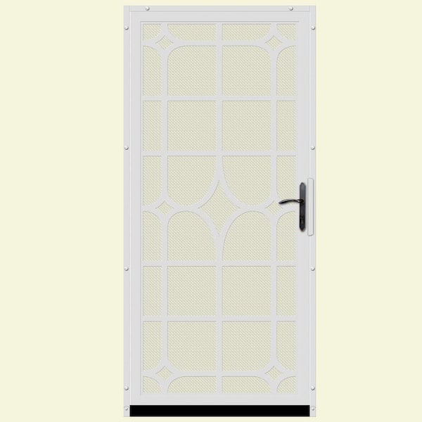Unique Home Designs 36 in. x 80 in. Lexington White Surface Mount Steel Security Door with Almond Perforated Screen and Bronze Hardware