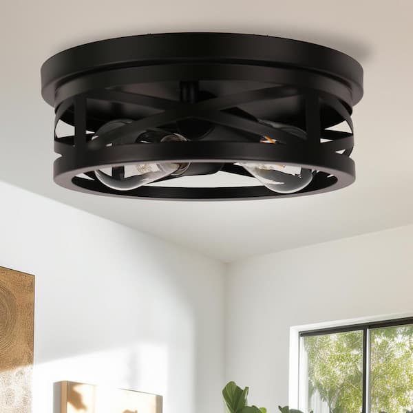 11 in. 2-Light Black Farmhouse Flush Mount with Drum Metal Cage Shade for Entryway Bedroom (2-Pack)