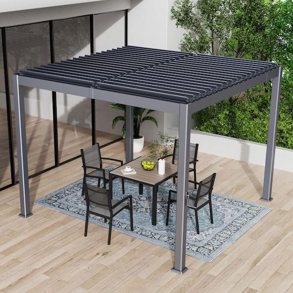 Sonkuki 10 ft. x 10 ft. All-Aluminum Pergola Louvered Pergola with Adjustable Roof, Gray