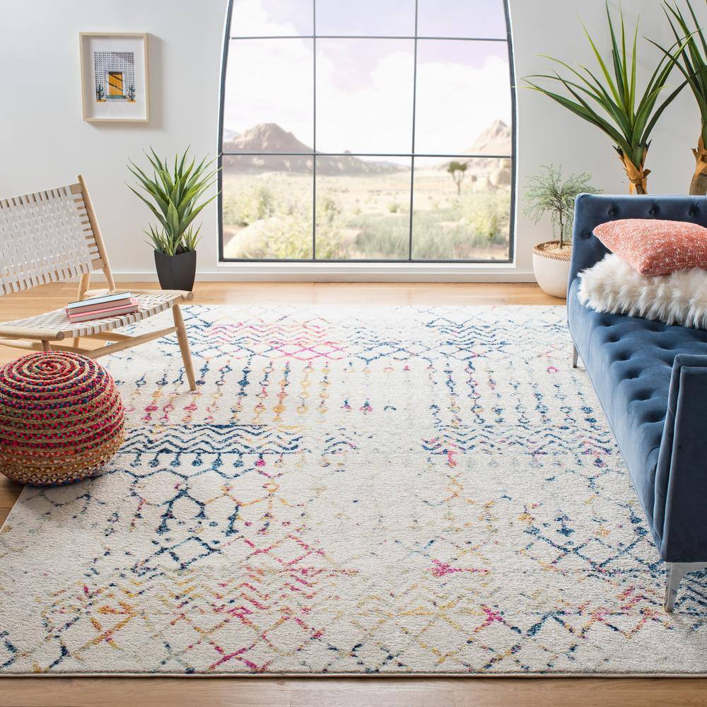 Ivory and Blue Moroccan Boho Distressed Area Rug, 8' x 10'