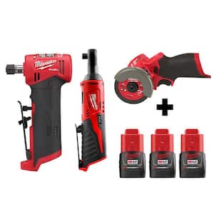 M12 FUEL 12V Lithium-Ion Brushless Cordless 1/4 in. Right Angle Die Grinder/Ratchet/Cut Off Saw Combo Kit