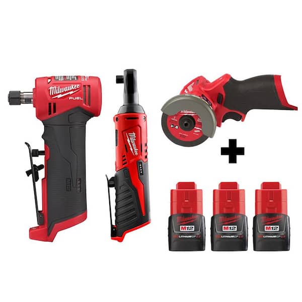 Milwaukee M12 FUEL 12V Lithium-Ion Brushless Cordless 1/4 in. Right Angle Die Grinder/Ratchet/Cut Off Saw Combo Kit
