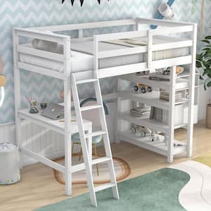 White Twin Loft Bed with Bookshelves and Desk Sturdy Wooden Kids Loft Bed Frame with Ladder Wood Kids Loft Bed