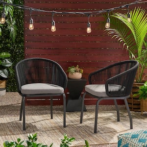 2-Piece Black Metal Woven Rope Outdoor Lounge Chair with Gray Cushions