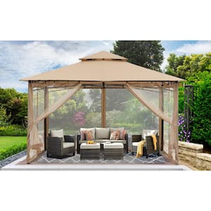 11 ft. x 11 ft. Beige Steel Outdoor Patio Gazebo with Vented Soft Roof Canopy and Netting