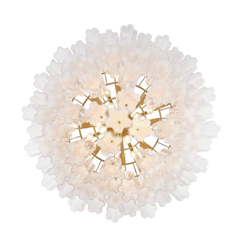 Aged Brass and White Tronchi Glass 16-Light Chandelier