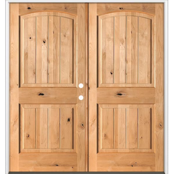 60 in. x 80 in. Rustic Knotty Alder Arch Top VG Left-Hand/Inswing BEHR Cedar Stain Double Wood Prehung Front Door