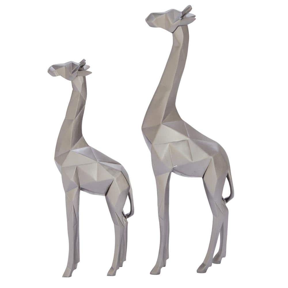 Silver Geometric Polystone Giraffe Sculptures, Set of 2