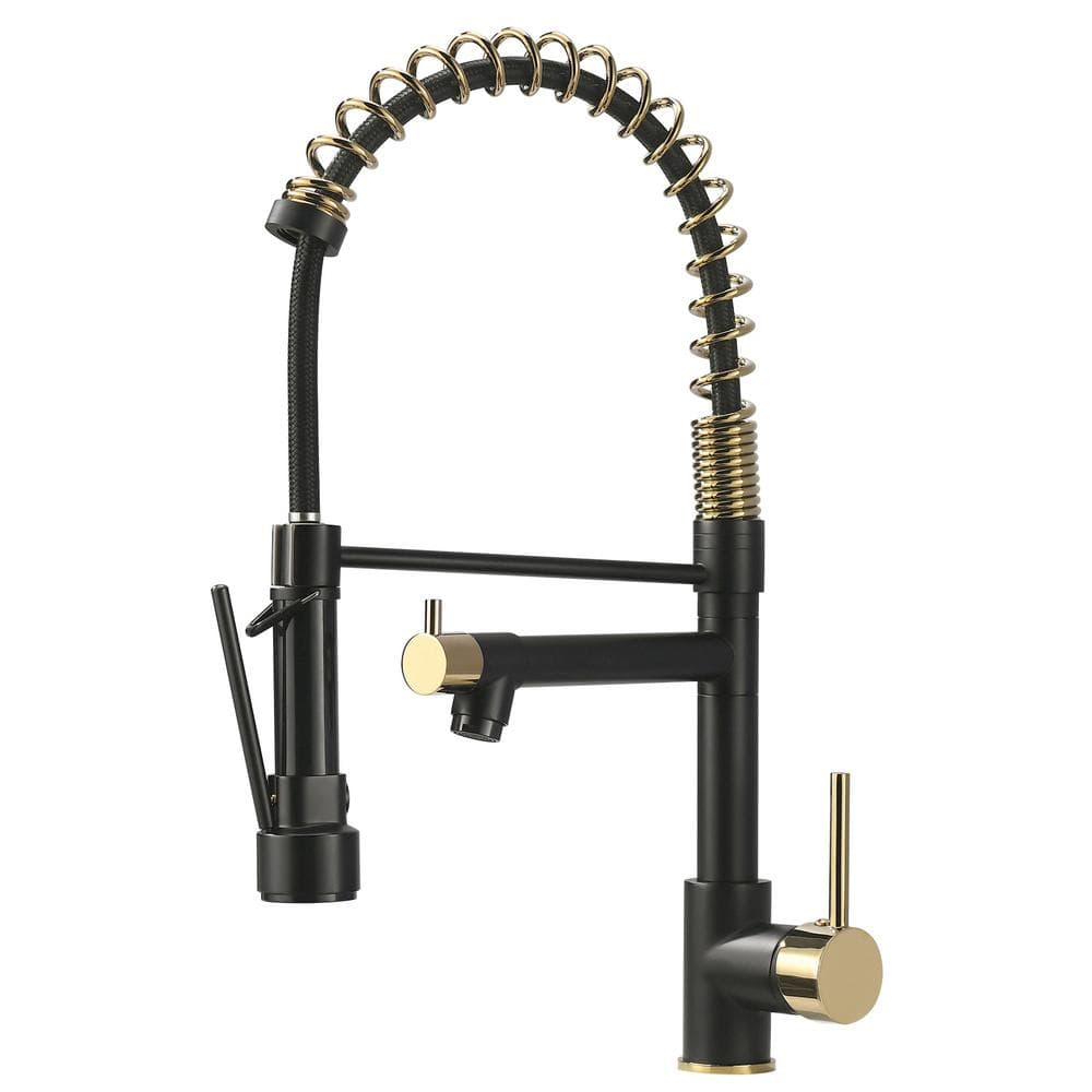 Single Handle Pull-Down Sprayer Kitchen Faucet in Matte Black and Gold