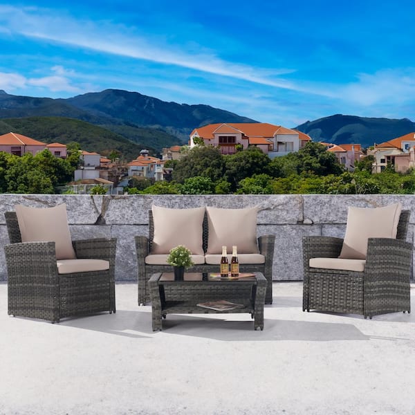 BFB 4-Piece Wicker Patio Conversation Set with khaki Cushions