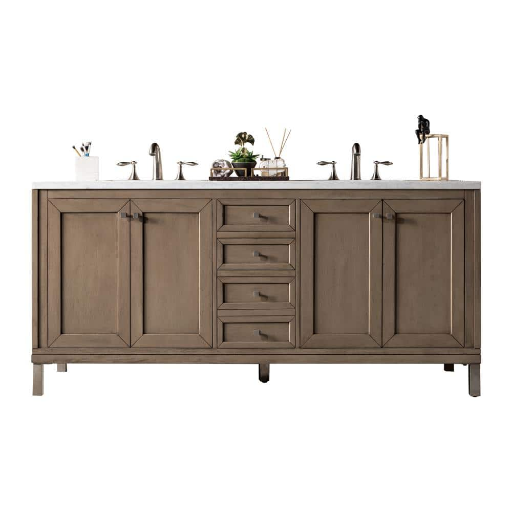 Chicago 72 in. W x 23.5 in.D x 33.8 in. H Double Bath Vanity in Whitewashed Walnut with Solid Surface Top in Arctic Fall -  James Martin Vanities, 305-V72-WWW-3AF