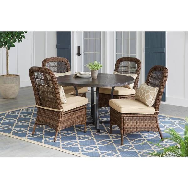 Hampton Bay Beacon Park 5-Piece Brown Wicker Outdoor Dining Set with Toffee Cushions
