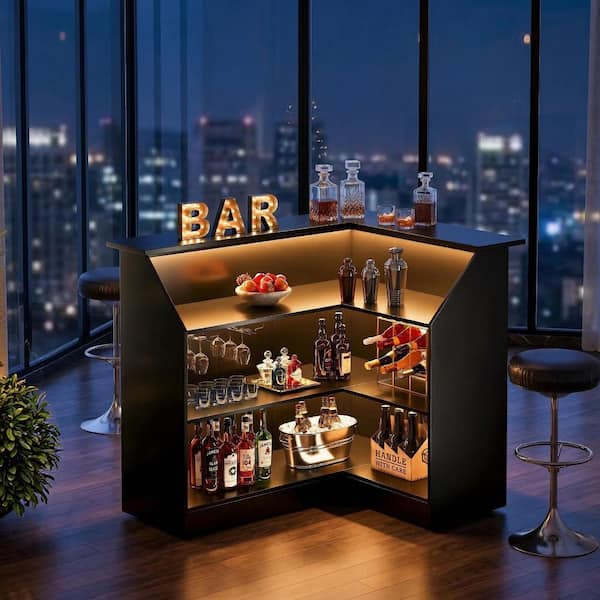 BYBLIGHT Kearsten 44.09 in. H Black 4-Tier L-Shaped Home Bar Table