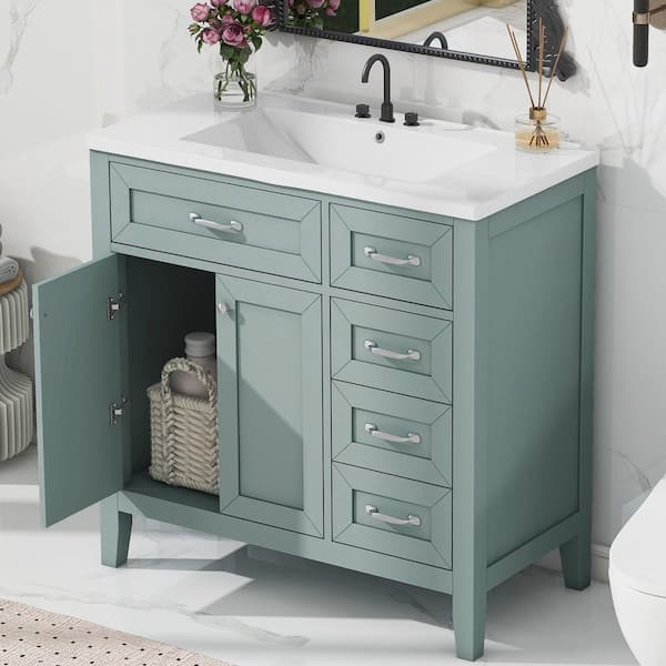 36 in. Single Sink Freestanding Green Bath Vanity with White Ceramic Top