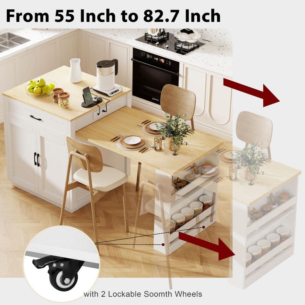 White Wood Tabletop 82.7 in. W Large Kitchen Island with Extendable Dining Table and Double-Side Storage - thumbnail 4