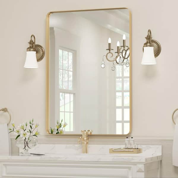 18 in. W x 28 in. H Small Rectangular Metal Framed Wall Bathroom Vanity  Mirror in Gold