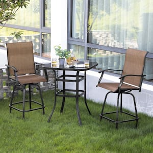 3-Piece Black Steel Frame Outdoor Patio Bar Set with Brown High Swivel Bistro Chairs