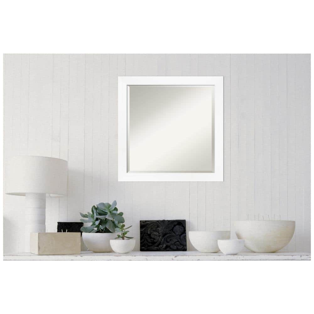 Contemporary White and Silver 23x23 Beveled Bathroom Vanity Mirror