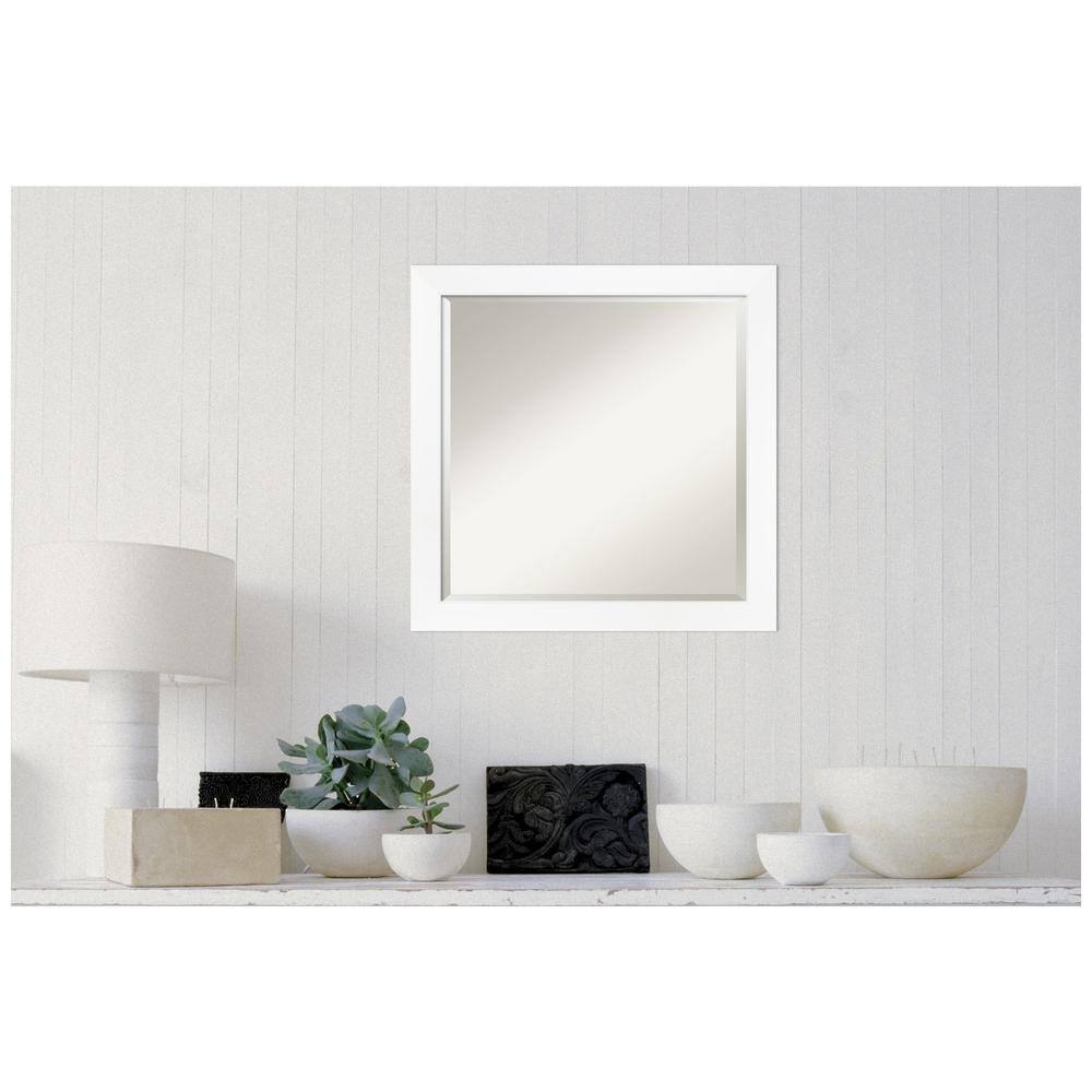 Contemporary White and Silver 23x23 Beveled Bathroom Vanity Mirror