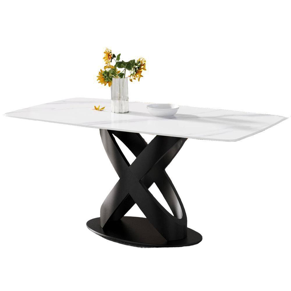 62.99 in. Modern Rectangular White Sintered Stone Dining Table with Black Carbon Steel Legs