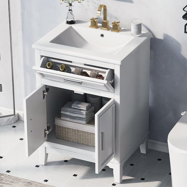 Tenleaf 24 in. W Single Sink Freestanding Bath Vanity in White with White Ceramic Top and 1-Flip Drawer