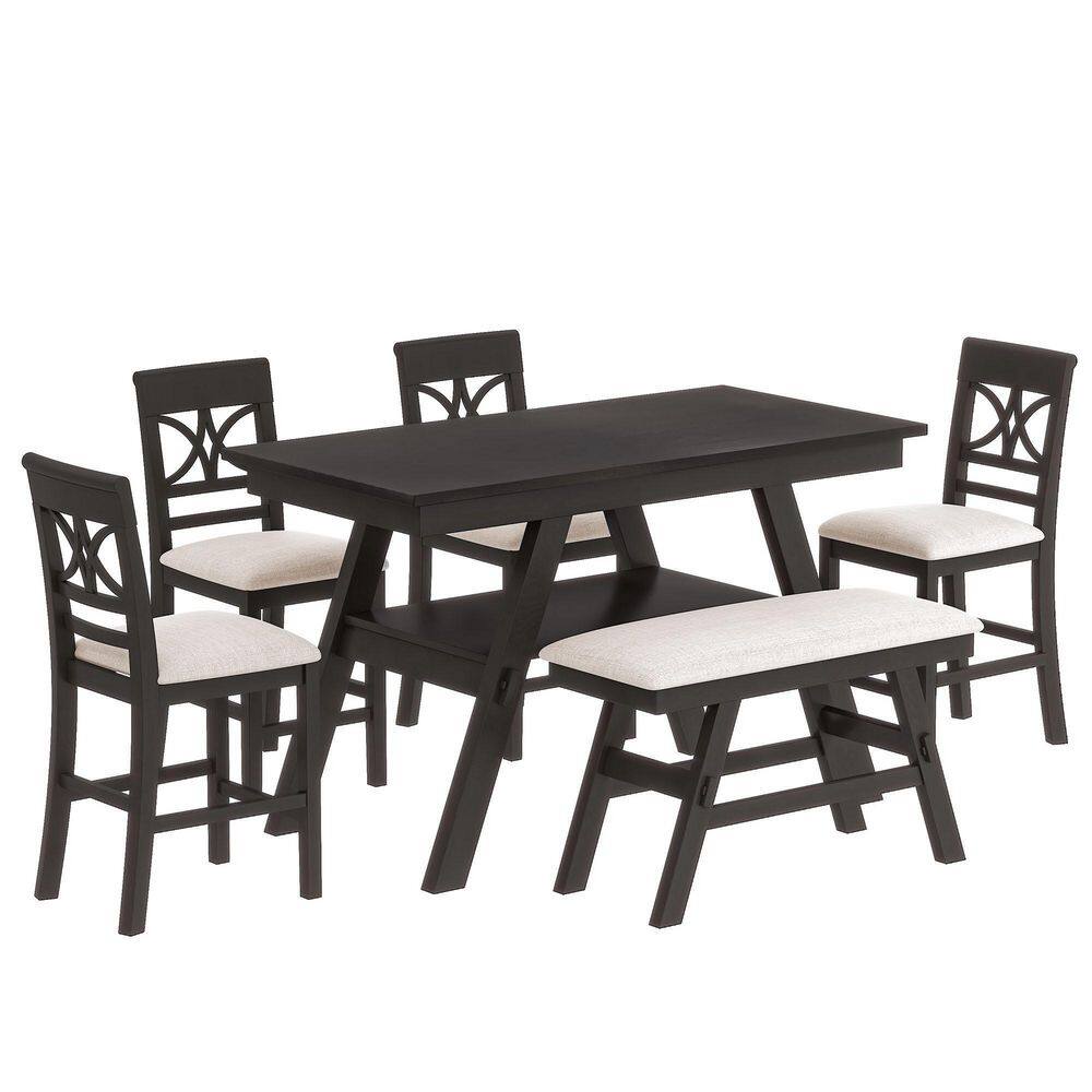 URTR 6Piece Espresso MDF Top Counter Height Dining Table Set with Storage Shelf Kitchen Table