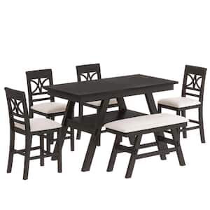 6-Piece Espresso MDF Top Counter Height Dining Table Set with Storage Shelf Kitchen Table Set with 4-Chairs 1-Bench