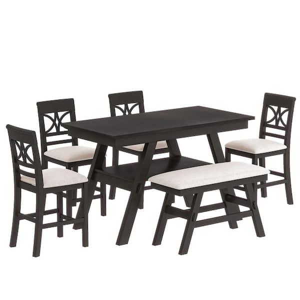 6 Piece Espresso MDF Top Counter Height Dining Table Set with Storage Shelf Kitchen Table Set with 4 Chairs 1 Bench