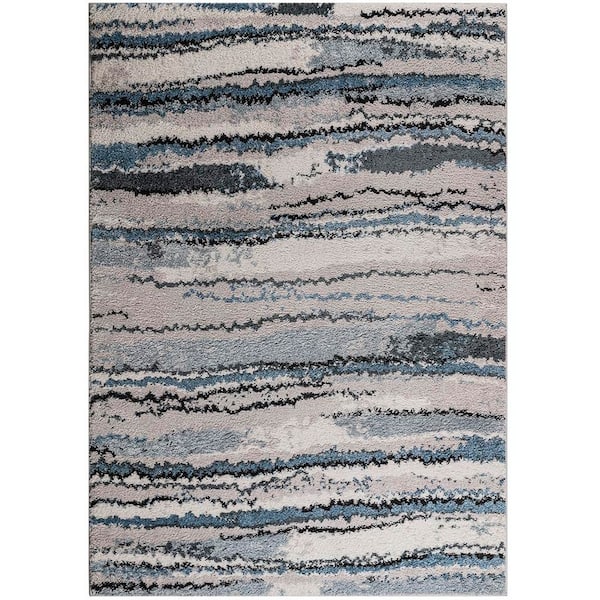 7 ft. x 5 ft. Blue Watercolor Abstract Stripe Woven Area Rug