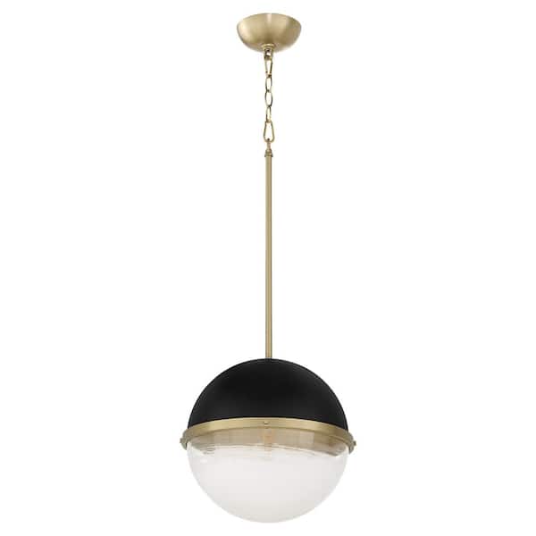 quorum 12 in. 1-Light 60-Watt Pendant Light with Milky Glass Sphere Textured Black / Aged Brass