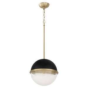 12 in. 1-Light 60-Watt Pendant Light with Milky Glass Sphere Textured Black / Aged Brass