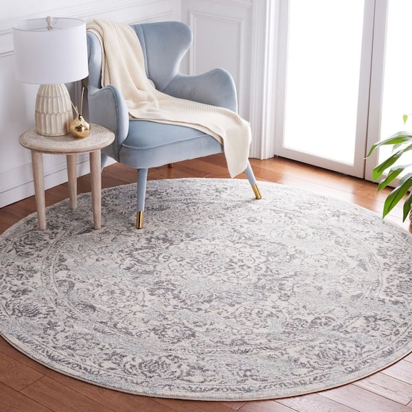 Tulum 7 ft. x 7 ft. Ivory/Gray Distressed Abstract Floral Round Area Rug