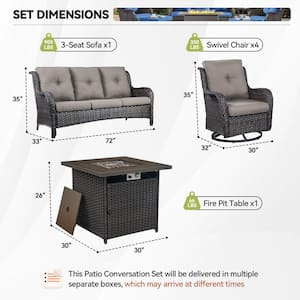 6-Piece Brown Wicker Fire Pit Conversation Set with Olefin Gray Cushions and 4 Swivel Glider Chairs and Couch