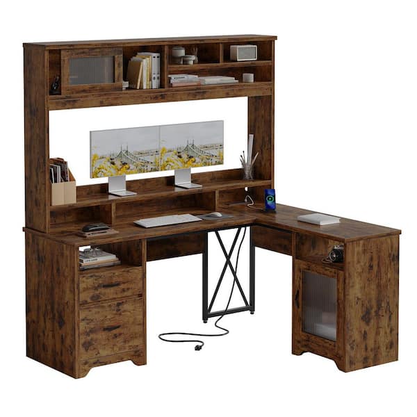 63 in. L Shaped Rustic Brown Hutch Ergonomic Computer Desk Power Hub, Office Desk with Sunlight Door and LED Light.